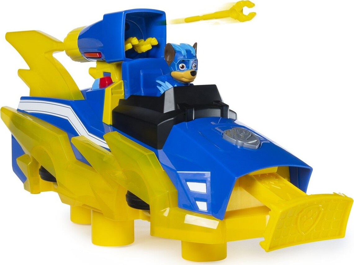 Paw Patrol Figur - Mighty Pups Charged Up - Chase Med Køretøj - Spin Master